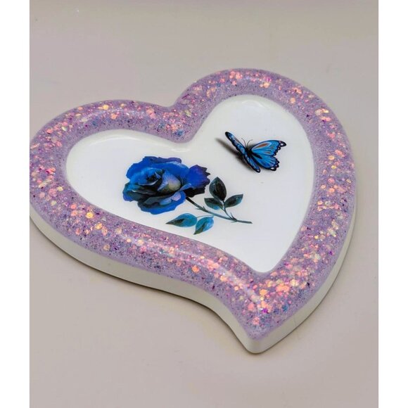 Purple Glitter Heart-Shaped Trinket Dish Blue Rose & Butterfly Design - Picture 8 of 8